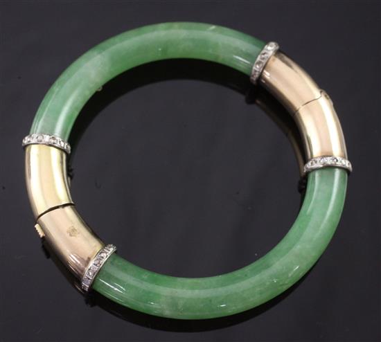 An 18ct gold, jadeite and diamond hinged bangle,